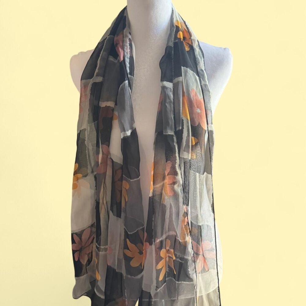 Lightweight floral and checkered scarf